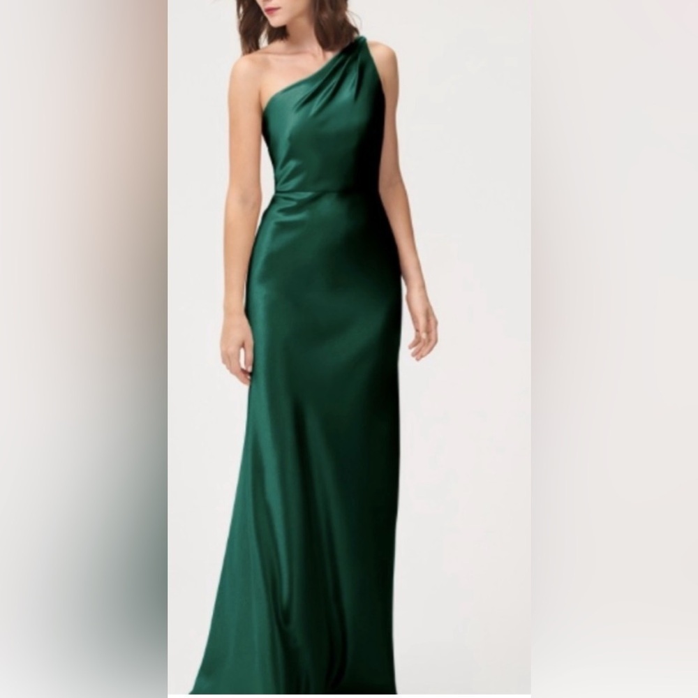 Jenny Yoo LENA Emerald Satin Back Crepe Elegant One-Shoulder Dress Size 4